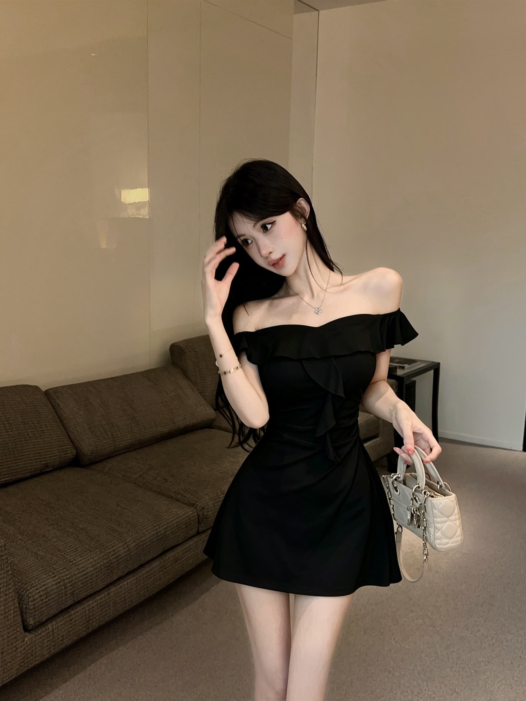 실사 오프숄더 Feifei 소매 a 단어 미니 스커트 프랑스식 연꽃 잎 폴로 칼라 정면 리본 신축성 허리 수축 드레스 상세 이미지 9