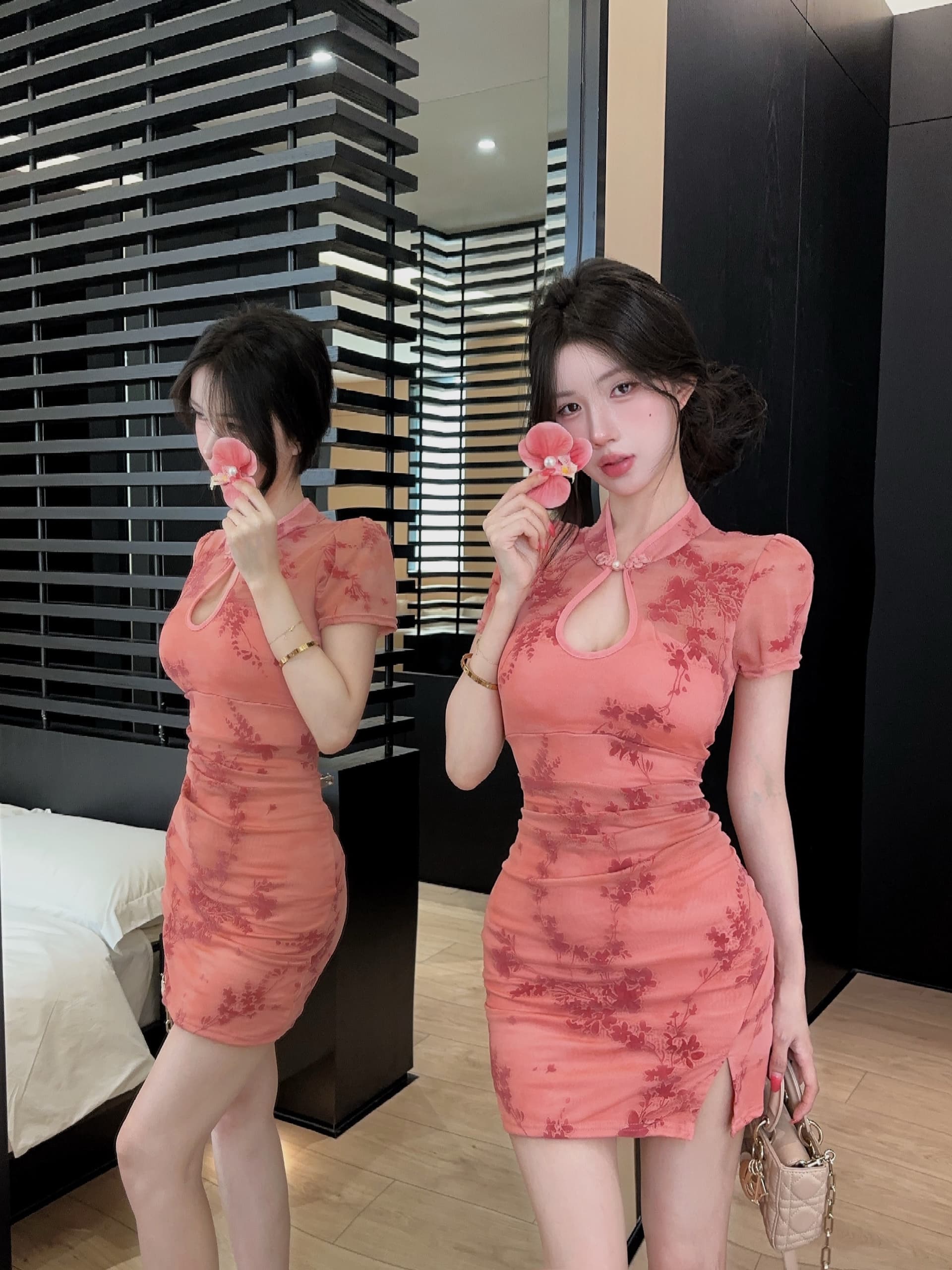 실사 새로운 중식 개선 치파오 드레스 스탠드 칼라 단추 홀로우 아웃 반팔 프린트 주름 트임 타이트 스커트 미니 스커트 상세 이미지 19