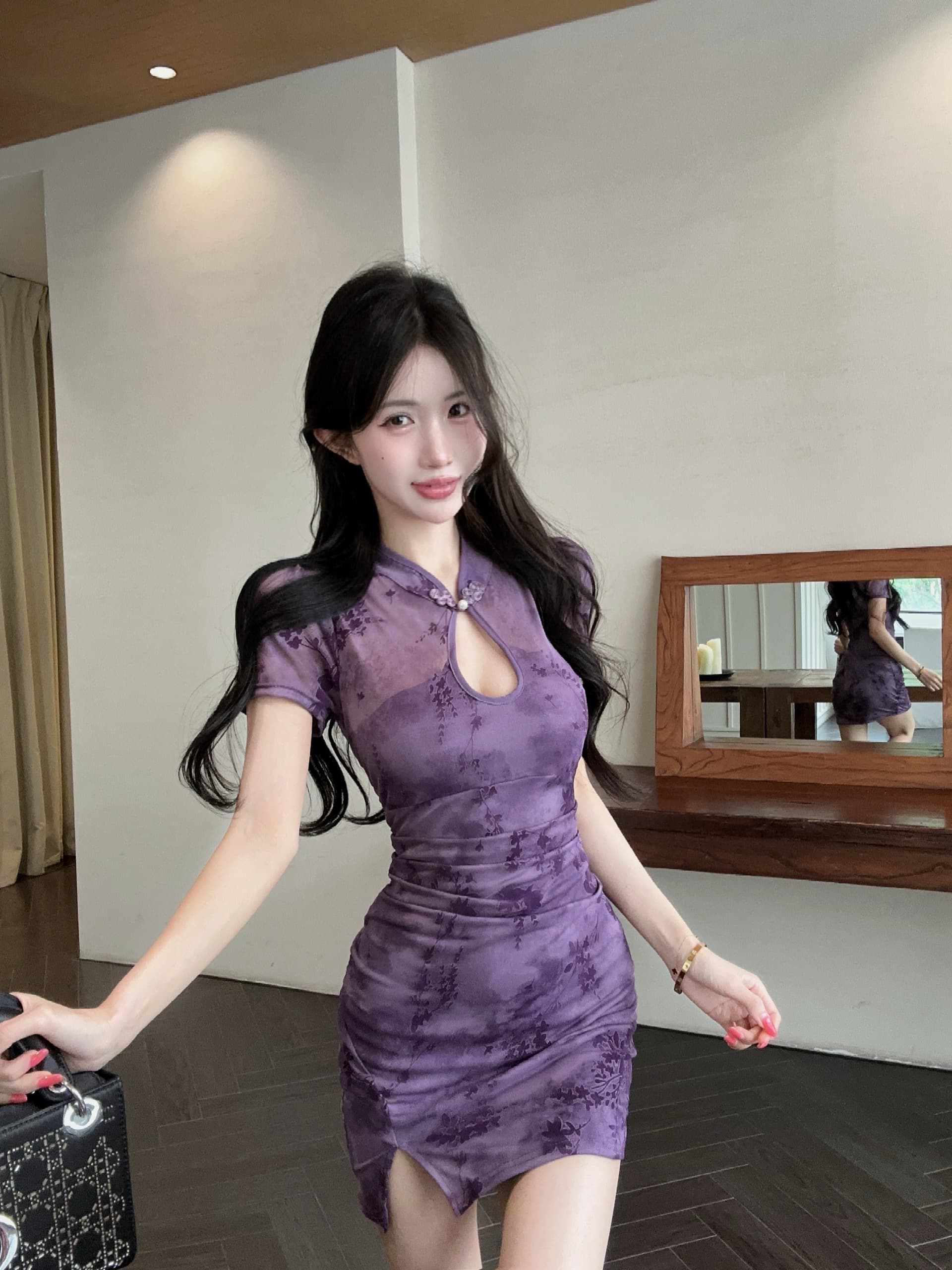 실사 새로운 중식 개선 치파오 드레스 스탠드 칼라 단추 홀로우 아웃 반팔 프린트 주름 트임 타이트 스커트 미니 스커트 상세 이미지 21