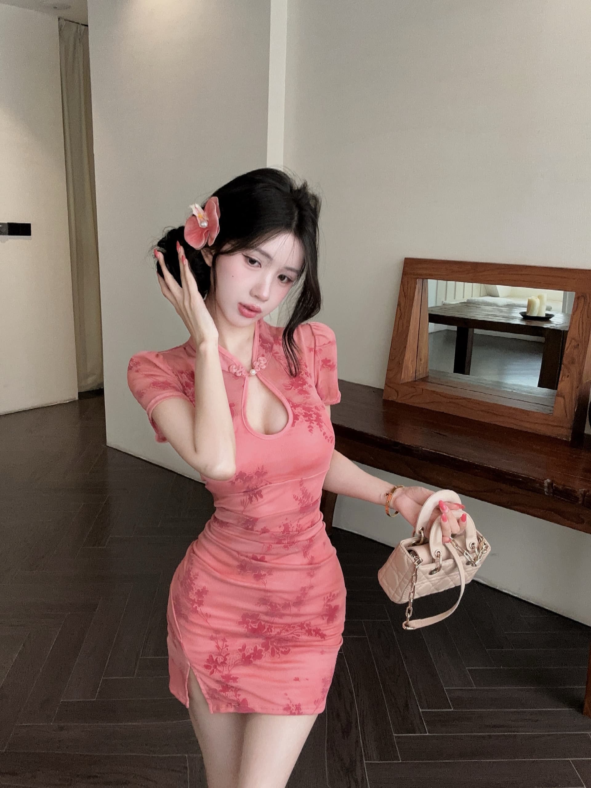 실사 새로운 중식 개선 치파오 드레스 스탠드 칼라 단추 홀로우 아웃 반팔 프린트 주름 트임 타이트 스커트 미니 스커트 상세 이미지 38