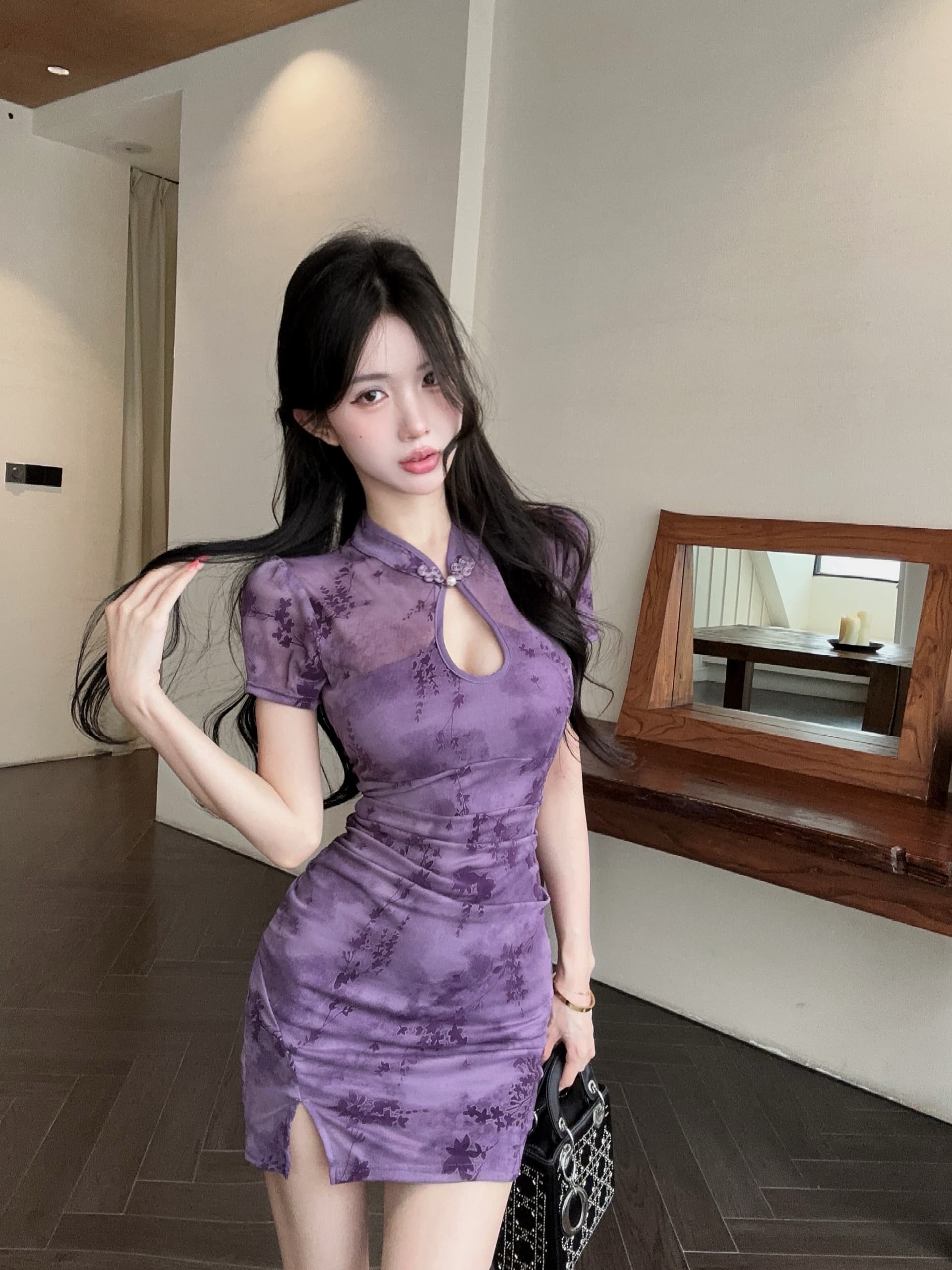 실사 새로운 중식 개선 치파오 드레스 스탠드 칼라 단추 홀로우 아웃 반팔 프린트 주름 트임 타이트 스커트 미니 스커트 상세 이미지 49