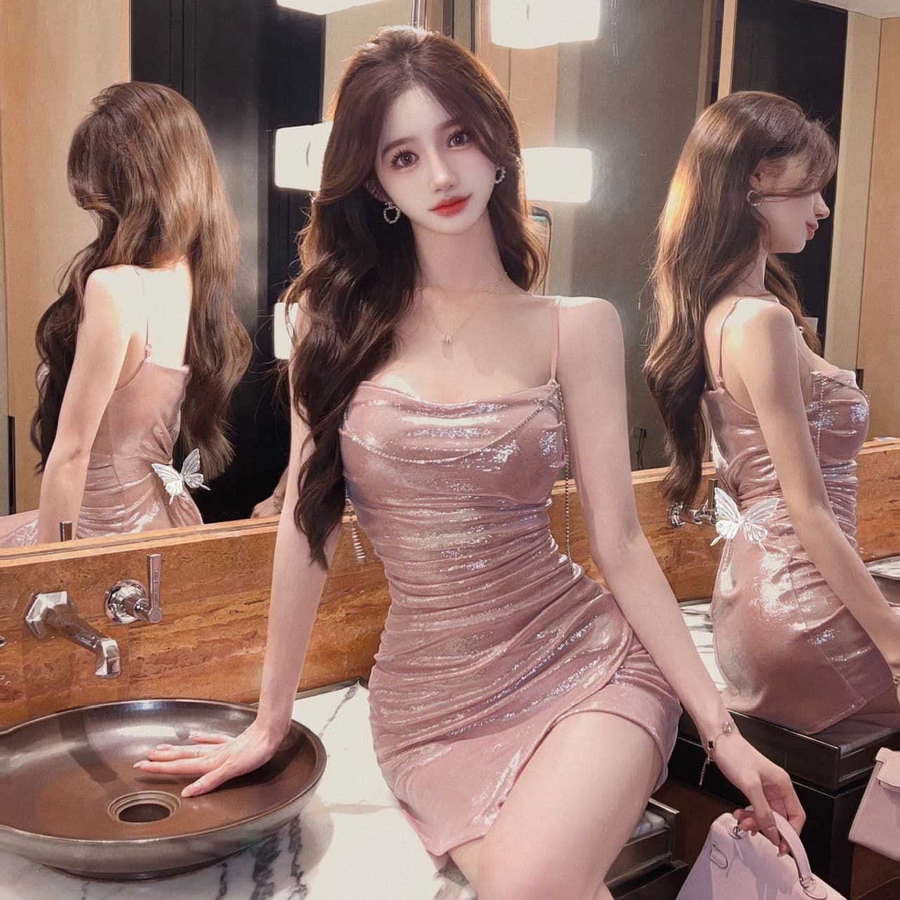 실사 흔들다 칼라 슬립 여성 드레스 훈련 사슬 술 장식 허리 수축 주름 측면 트임 밝은 얼굴 타이트 스커트 미니 스커트 이미지 3