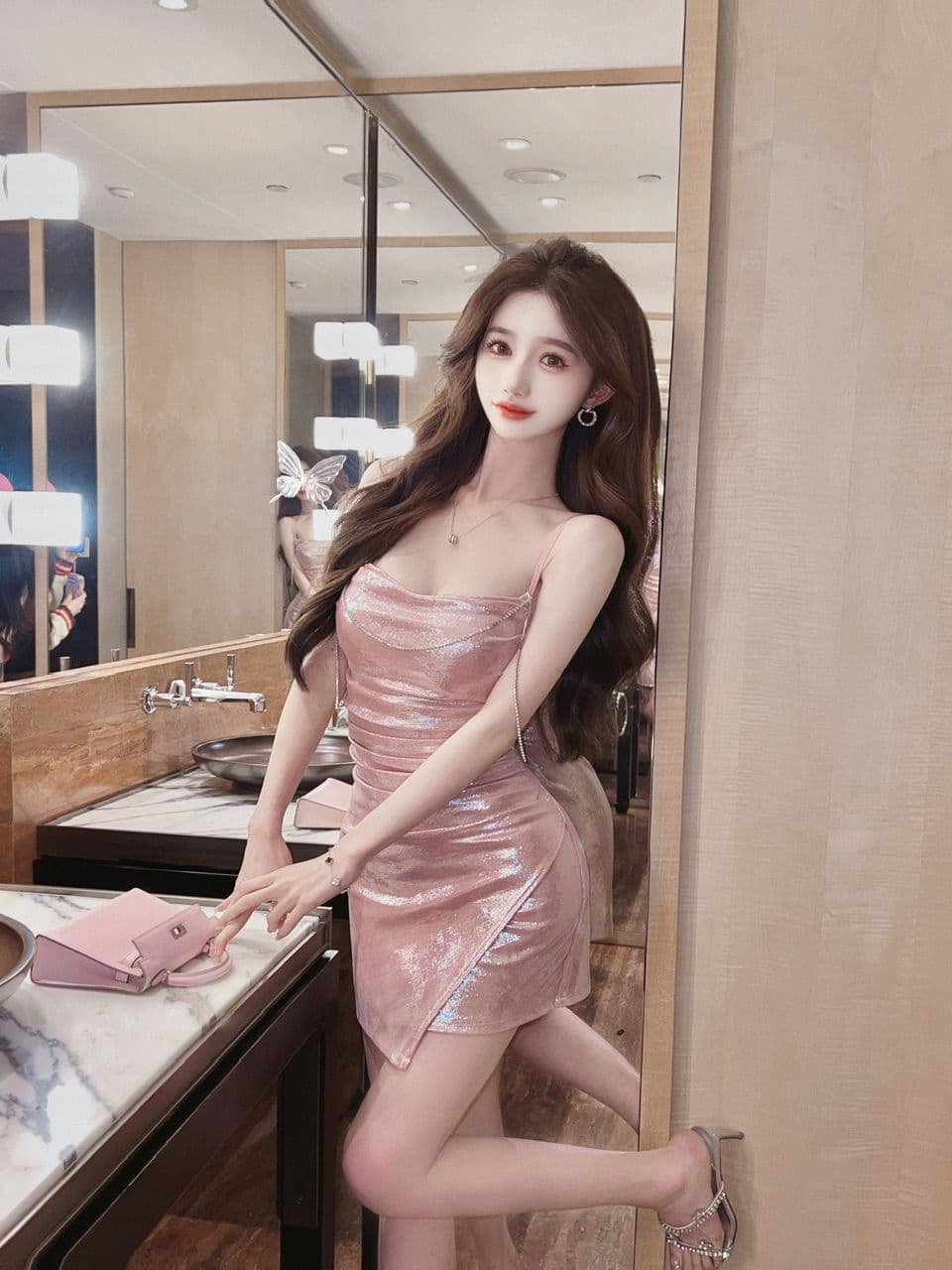 실사 흔들다 칼라 슬립 여성 드레스 훈련 사슬 술 장식 허리 수축 주름 측면 트임 밝은 얼굴 타이트 스커트 미니 스커트 상세 이미지 7