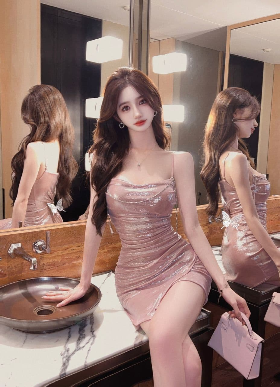 실사 흔들다 칼라 슬립 여성 드레스 훈련 사슬 술 장식 허리 수축 주름 측면 트임 밝은 얼굴 타이트 스커트 미니 스커트 상세 이미지 9