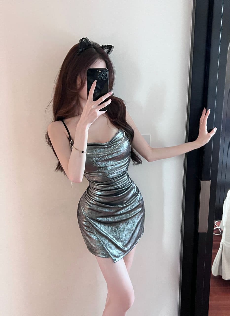 실사 흔들다 칼라 슬립 여성 드레스 훈련 사슬 술 장식 허리 수축 주름 측면 트임 밝은 얼굴 타이트 스커트 미니 스커트 상세 이미지 13