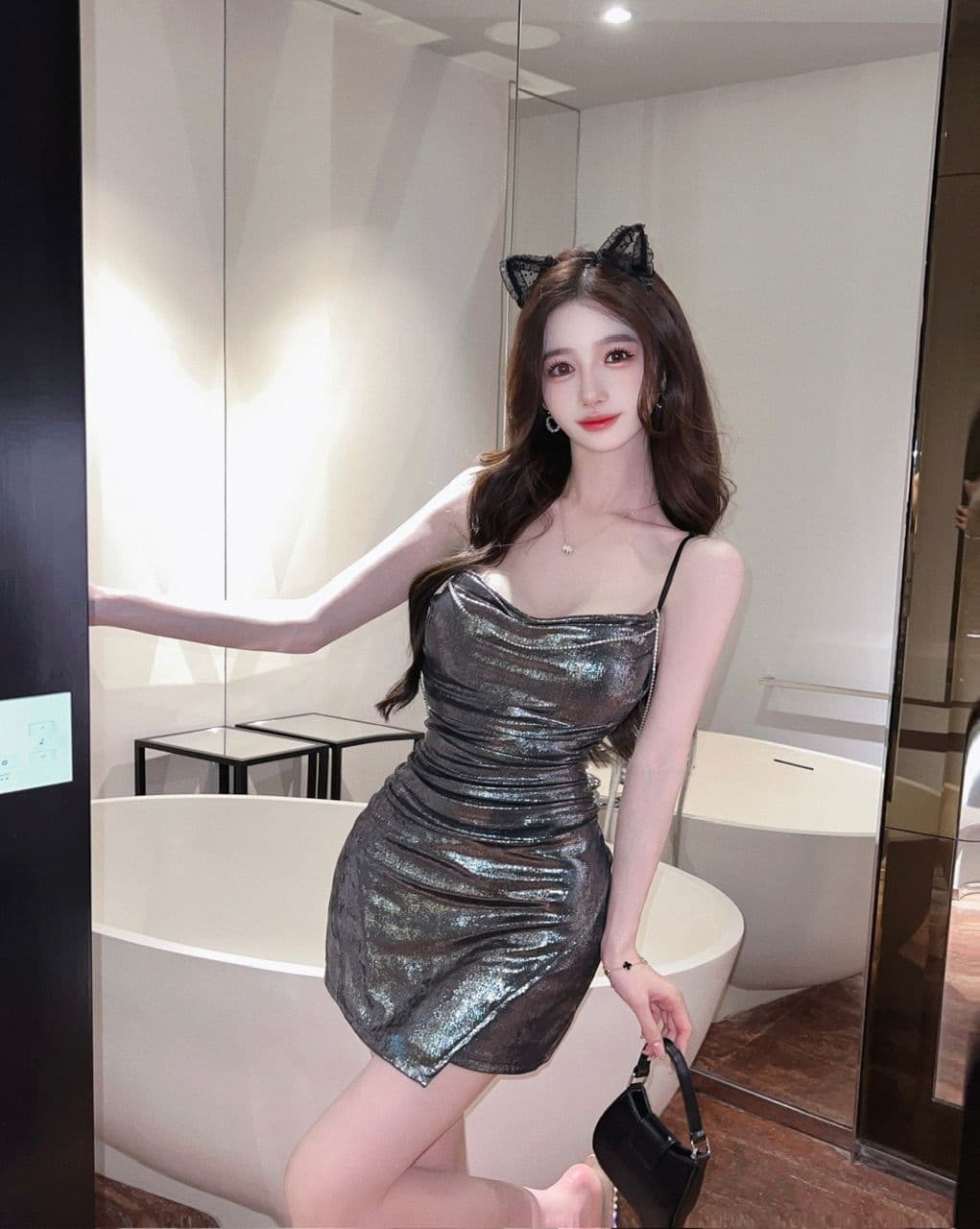 실사 흔들다 칼라 슬립 여성 드레스 훈련 사슬 술 장식 허리 수축 주름 측면 트임 밝은 얼굴 타이트 스커트 미니 스커트 상세 이미지 19