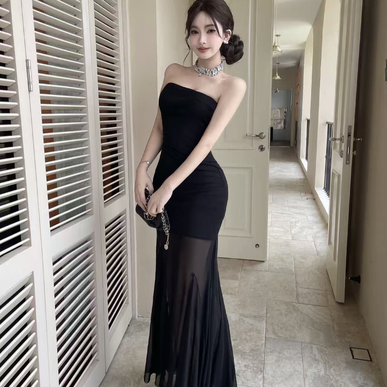 실사 튜브탑 롱 코트 여성 드레스 허리 수축 주름 타이트 스커트 시스루 망사 패치워크 인어 꼬리 예복 롱 스커트 이미지 3