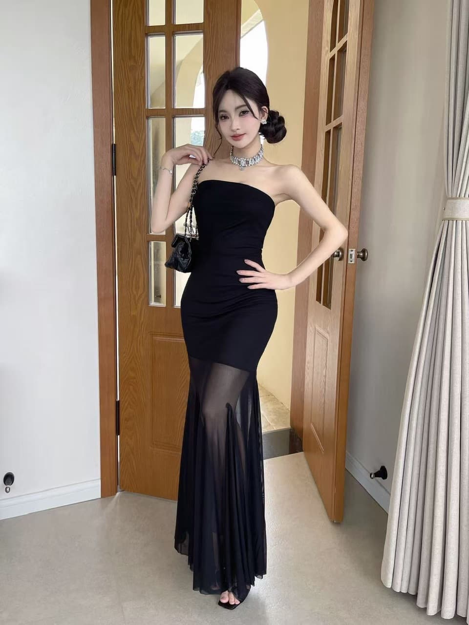 실사 튜브탑 롱 코트 여성 드레스 허리 수축 주름 타이트 스커트 시스루 망사 패치워크 인어 꼬리 예복 롱 스커트 상세 이미지 9