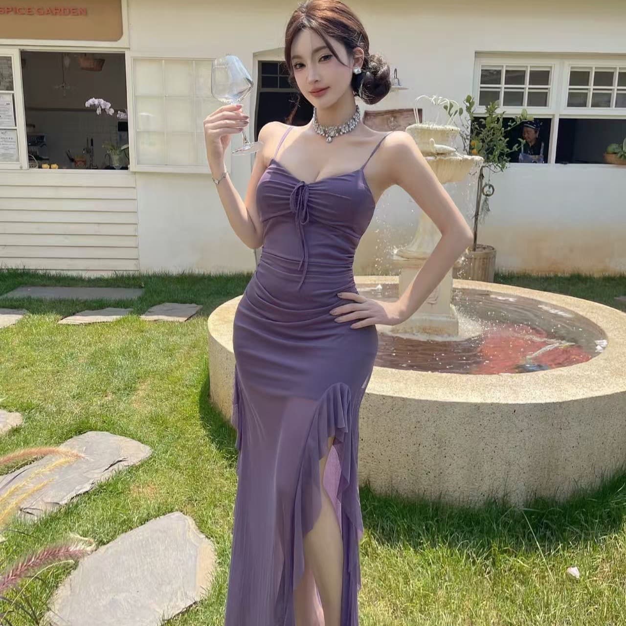 실사 V넥 슬립 인어 꼬리 스커트 펌프 로프 디자인 플리츠 트임 프릴 몸매 가꾸기 타이트 스커트 롱 코트 예복 치마 이미지 5