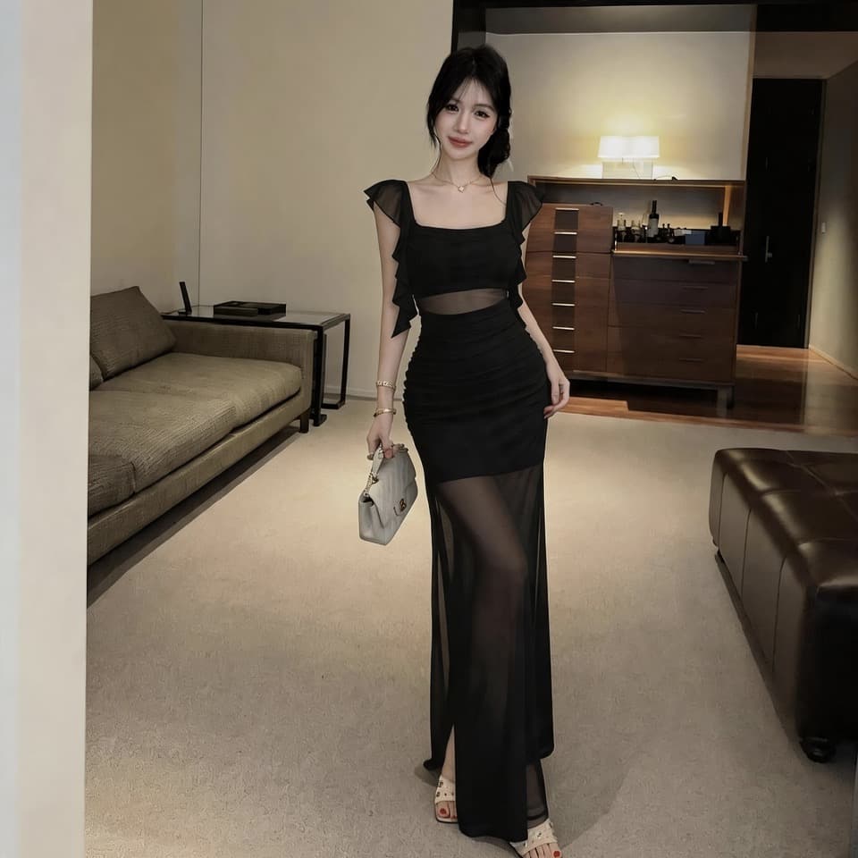 실사 한 단어 광장 칼라 프릴 Feifei 소매 몸매 가꾸기 롱 스커트 주름 슬림해 보이는 시스루 실 트임 드레스 이미지 2