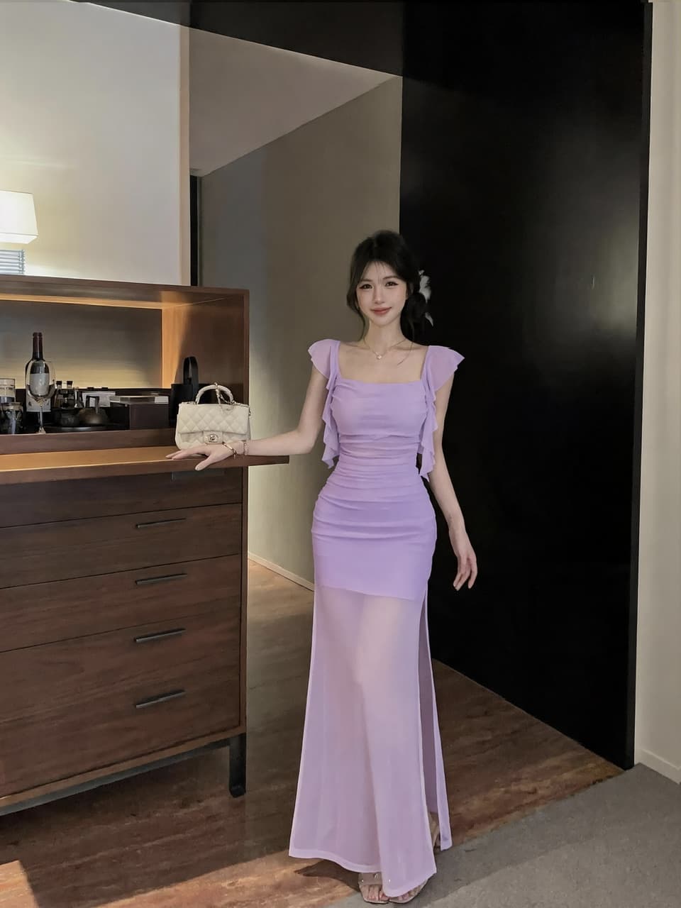 실사 한 단어 광장 칼라 프릴 Feifei 소매 몸매 가꾸기 롱 스커트 주름 슬림해 보이는 시스루 실 트임 드레스 상세 이미지 4