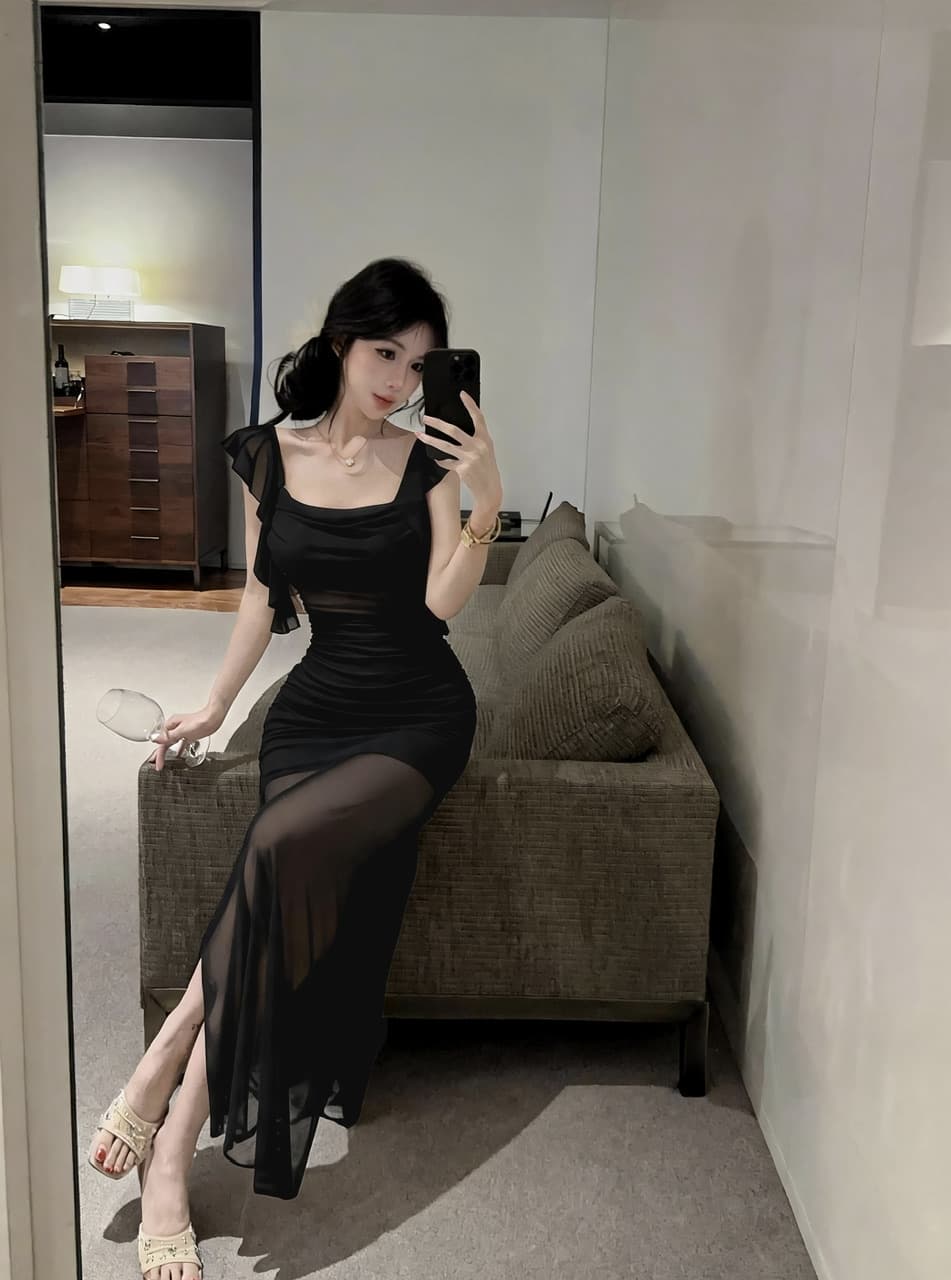 실사 한 단어 광장 칼라 프릴 Feifei 소매 몸매 가꾸기 롱 스커트 주름 슬림해 보이는 시스루 실 트임 드레스 상세 이미지 20