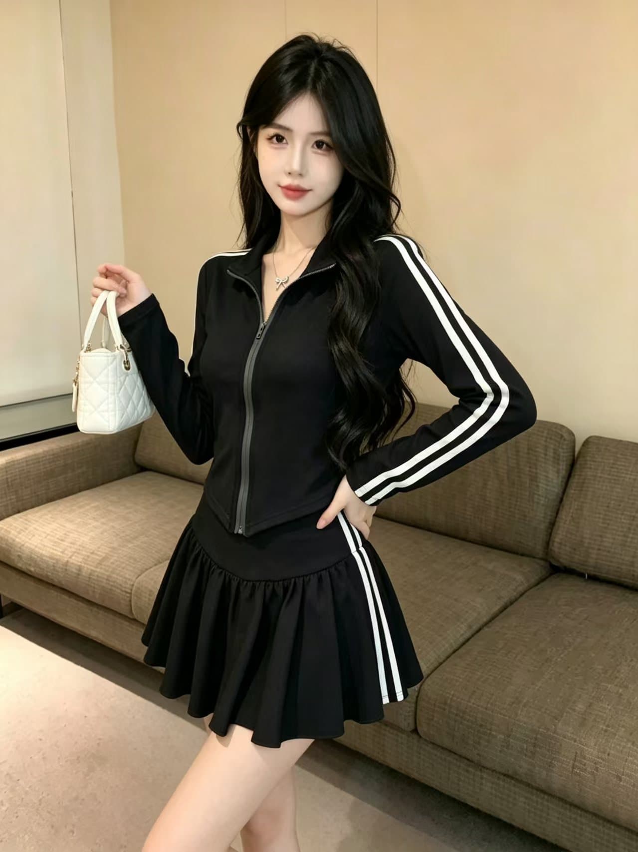 실사 측면 스트라이프 오픈 가디건 스탠드 칼라 맨위 하이웨이스트 플리츠 반신 스커트 패션 캐주얼 투피스 세트 세트 상세 이미지 5