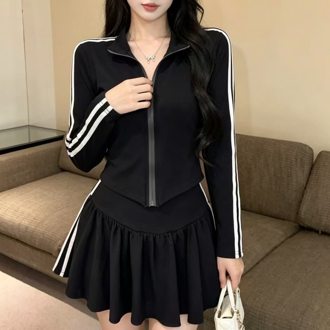 실사 측면 스트라이프 오픈 가디건 스탠드 칼라 맨위 하이웨이스트 플리츠 반신 스커트 패션 캐주얼 투피스 세트 세트 상세 이미지 11
