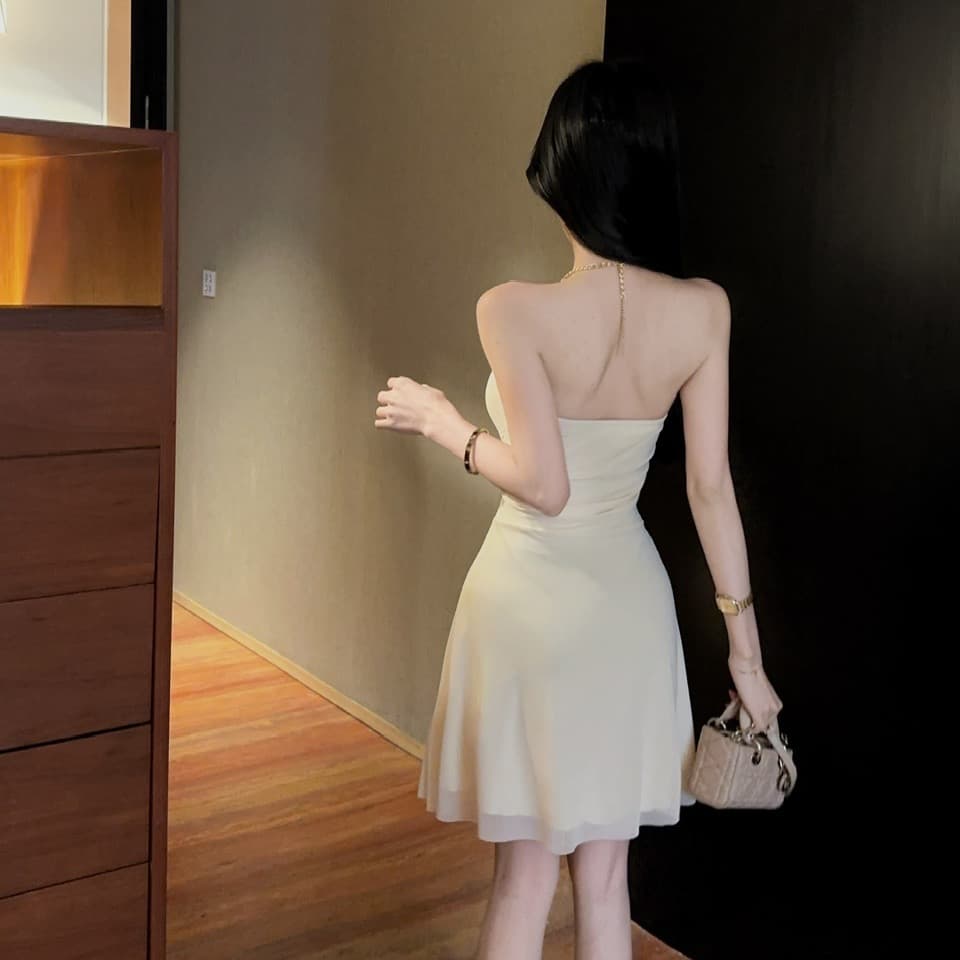 실사 디자인 센스 체인 행침 목 여성 드레스 핀치 Pleat 허리 수축 슬림해 보이는 쉬폰 미니 스커트 순수한 욕망 바람 오프숄더 치마 이미지 4