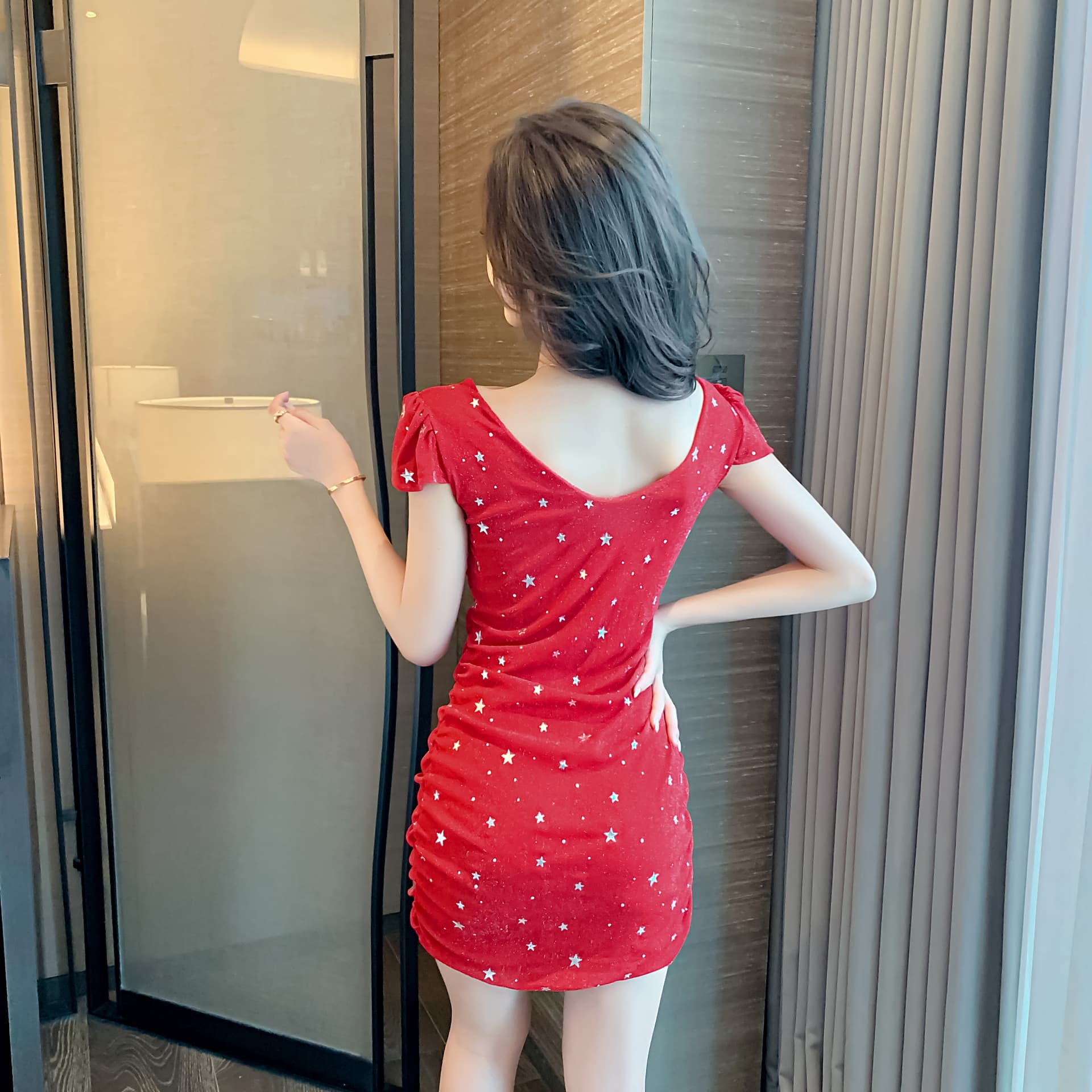 실사 v 칼라 거품 소매 드레스 별 프린트 주름 허리 수축 타이트 스커트 미니 스커트 몸매 가꾸기 슬림해 보이는 타이트 치마 상세 이미지 7