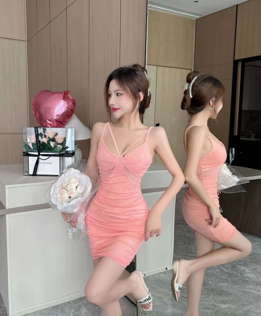 실사 디자인 센스 좋은 슬립 드레스 낮은 네크라인 망사 시스루 주름 신축성 타이트 스커트 쇼트 스타일 드레스 상세 이미지 40