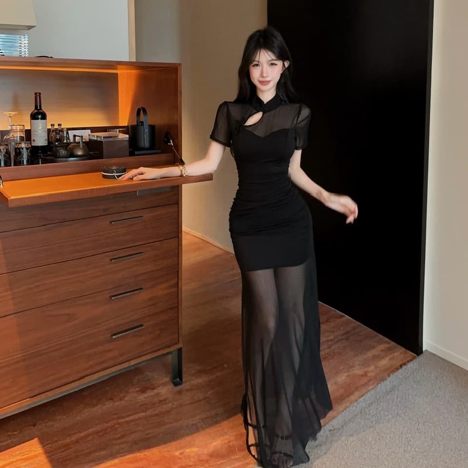 실사 국풍 스탠드 칼라 물방울 홀로우 아웃 치파오 드레스 반팔 망사 시스루 인어 꼬리 몸매 가꾸기 품격 모임 드레스 이미지 5