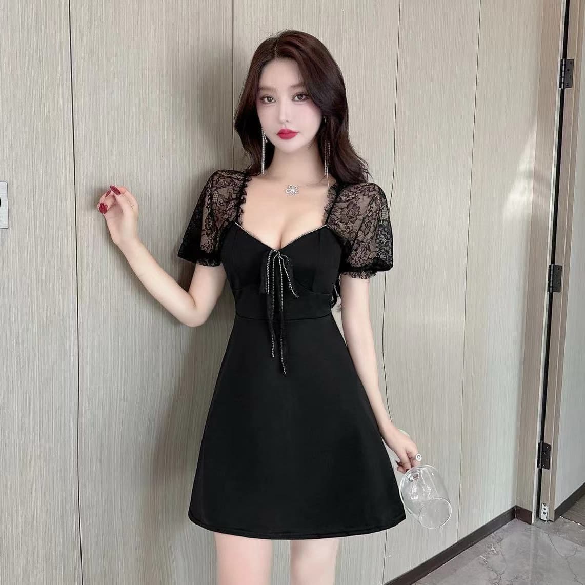 실사 광장 칼라 레이스 거품 소매 드레스 나비 매듭 허리 수축 a 단어 진자 품격 쇼트 스타일 모임 예복 치마