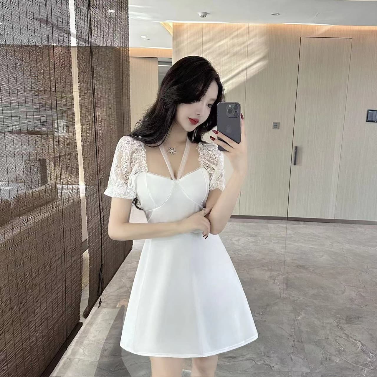 실사 광장 칼라 레이스 거품 소매 드레스 나비 매듭 허리 수축 a 단어 진자 품격 쇼트 스타일 모임 예복 치마 상세 이미지 3
