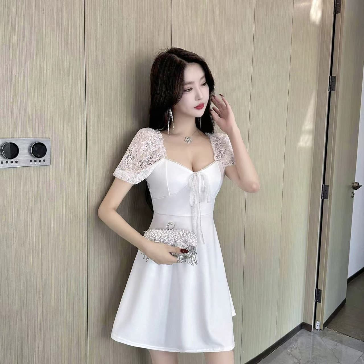 실사 광장 칼라 레이스 거품 소매 드레스 나비 매듭 허리 수축 a 단어 진자 품격 쇼트 스타일 모임 예복 치마 상세 이미지 9