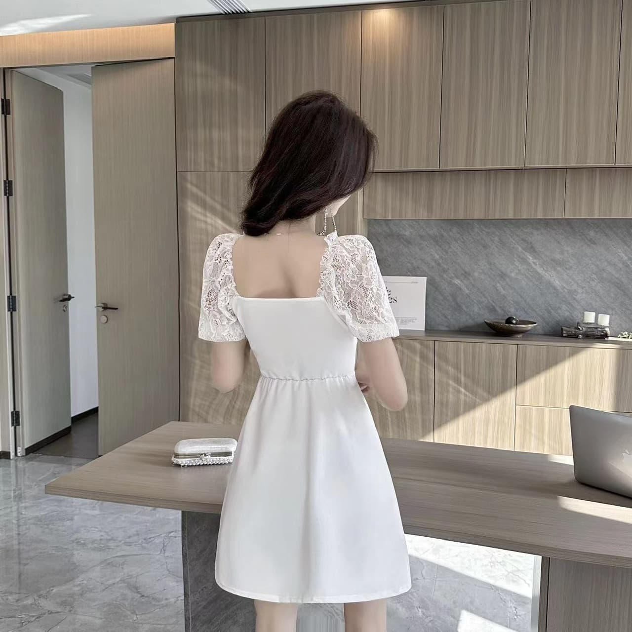 실사 광장 칼라 레이스 거품 소매 드레스 나비 매듭 허리 수축 a 단어 진자 품격 쇼트 스타일 모임 예복 치마 상세 이미지 10