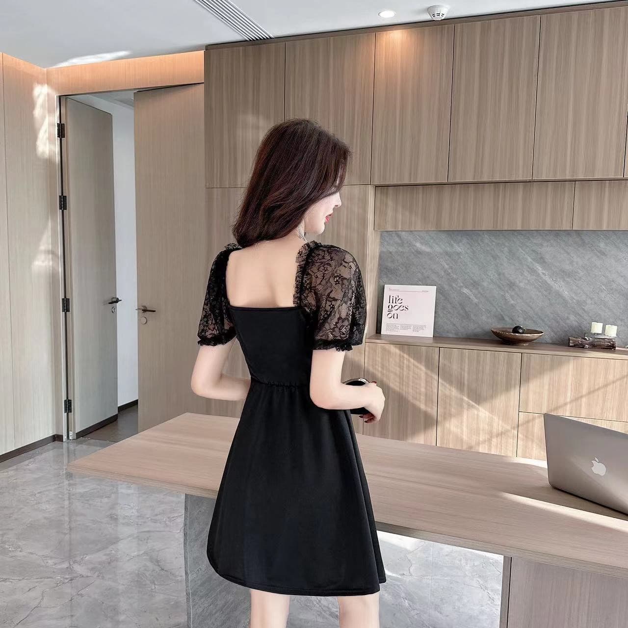 실사 광장 칼라 레이스 거품 소매 드레스 나비 매듭 허리 수축 a 단어 진자 품격 쇼트 스타일 모임 예복 치마 상세 이미지 11