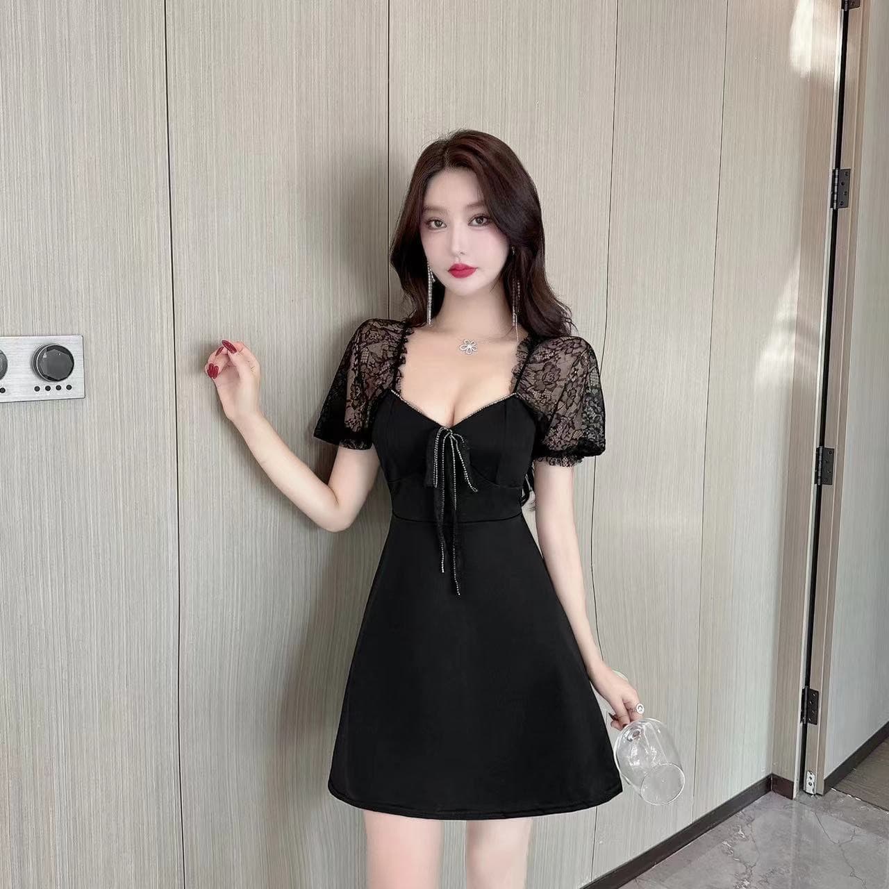 실사 광장 칼라 레이스 거품 소매 드레스 나비 매듭 허리 수축 a 단어 진자 품격 쇼트 스타일 모임 예복 치마 상세 이미지 15