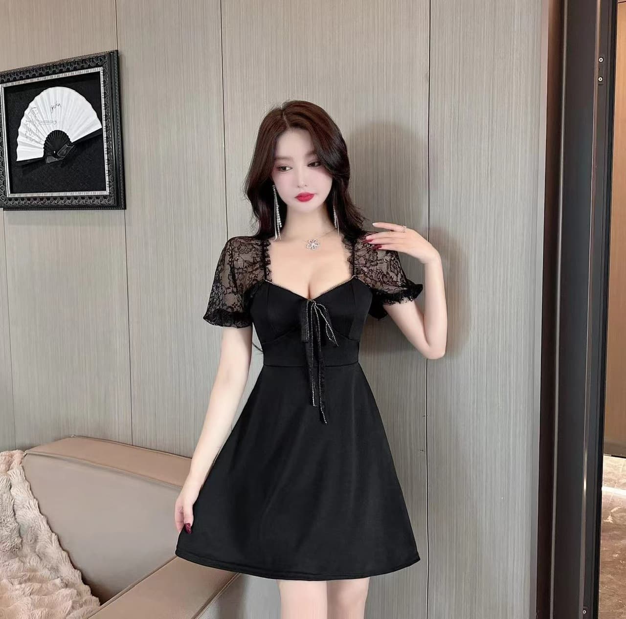 실사 광장 칼라 레이스 거품 소매 드레스 나비 매듭 허리 수축 a 단어 진자 품격 쇼트 스타일 모임 예복 치마 상세 이미지 18