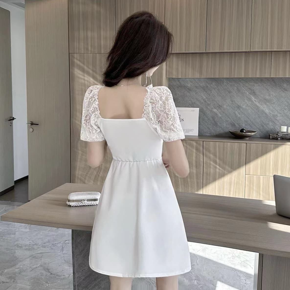 실사 광장 칼라 레이스 거품 소매 드레스 나비 매듭 허리 수축 a 단어 진자 품격 쇼트 스타일 모임 예복 치마 상세 이미지 21