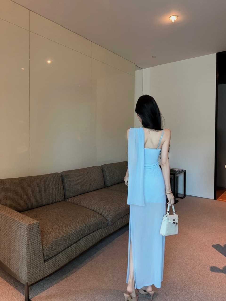 실사 디자인 센스 행침 목 좋은 슬립 가슴 주름 금속 허리 장식 망사 시스루 몸매 가꾸기 모임 길다 드레스 상세 이미지 15