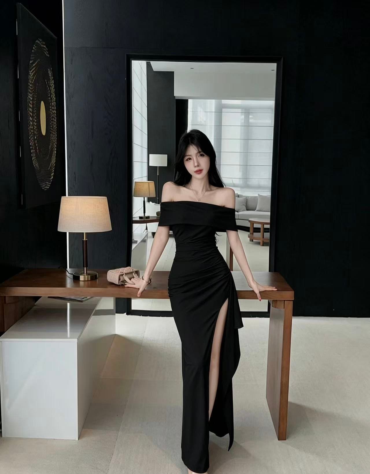 실사 분위기 센스 오프숄더 롱 코트 예복 오프숄더 뒤집다 접기 디자인 허리 수축 트임 인어 꼬리 데이트 롱 스커트 상세 이미지 6