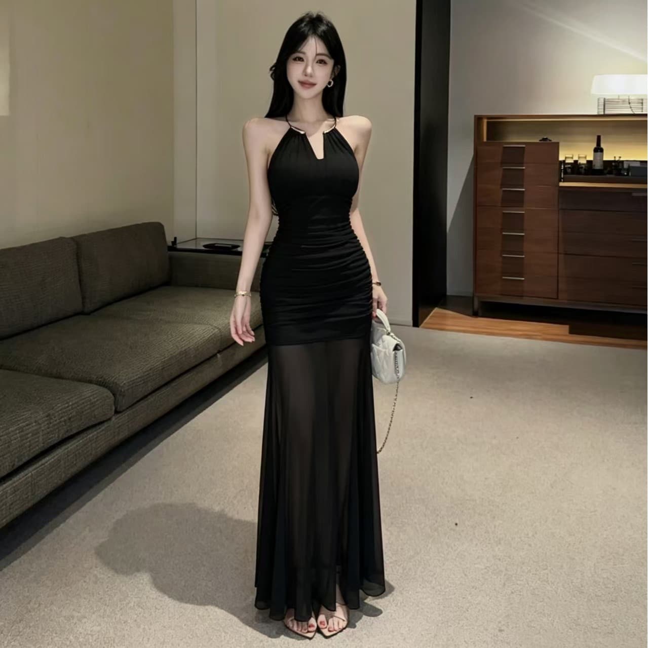 실사 금속 행침 목 드레스 가슴 녹아웃 주름 타이트 스커트 망사 패치워크 인어 꼬리 롱 코트 연회 예복 치마 이미지 4