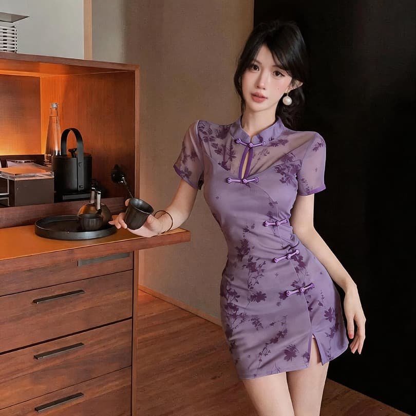실사 국풍 프린트 치파오 미니 스커트 스탠드 칼라 홀로우 아웃 단추 디자인 반팔 측면 트임 분위기 센스 데이트 치마
