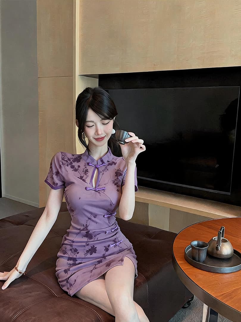 실사 국풍 프린트 치파오 미니 스커트 스탠드 칼라 홀로우 아웃 단추 디자인 반팔 측면 트임 분위기 센스 데이트 치마 상세 이미지 3