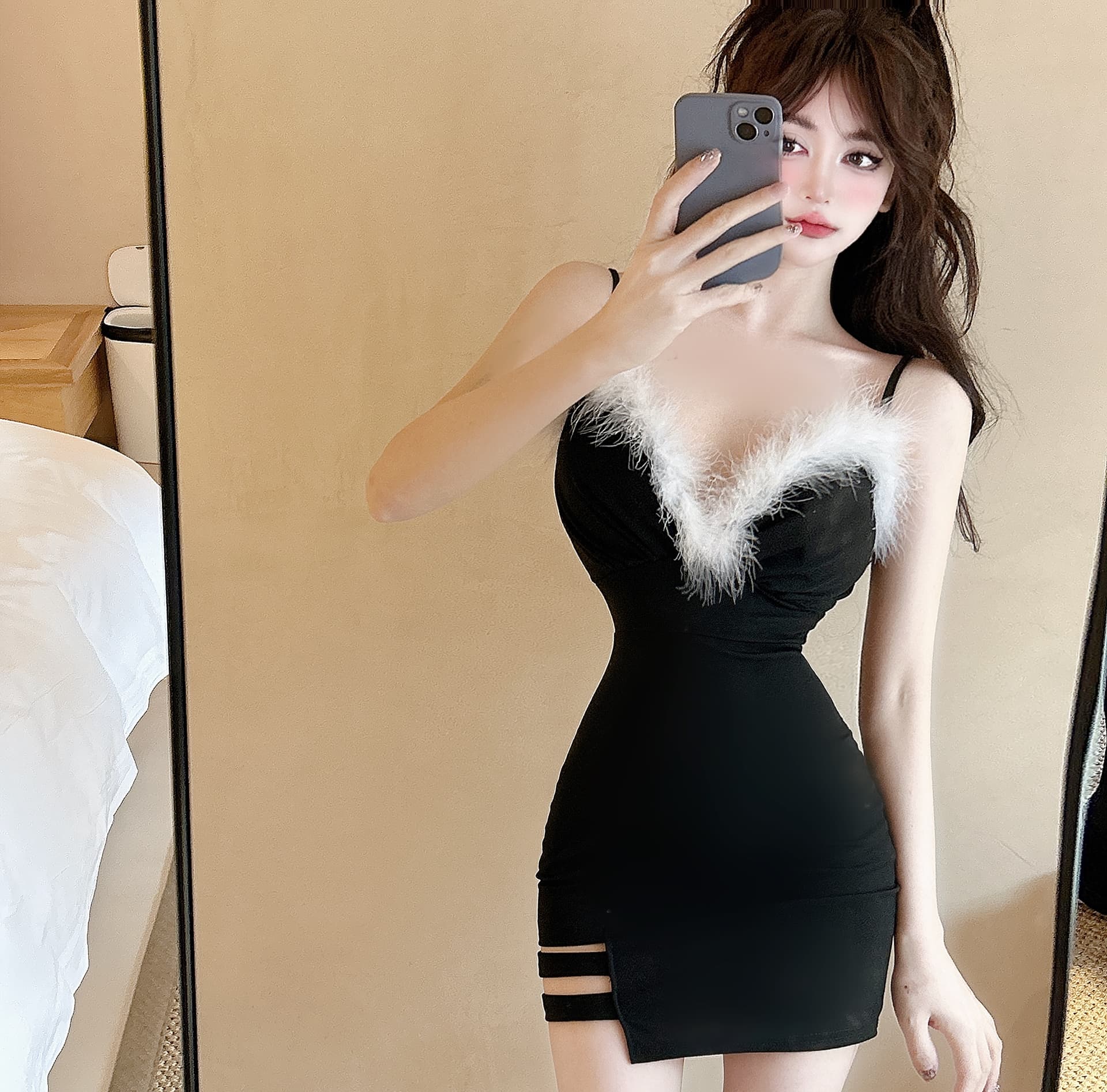 실사 좋은 슬립 V넥 타이트 스커트 미니 스커트 네클라인 플리스 패치워크 크리스마스 파티 드레스 신년 치마 상세 이미지 17