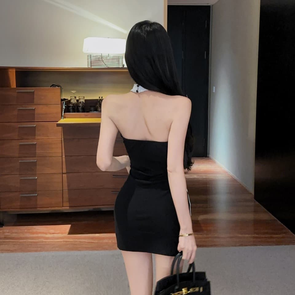 실사 품격 데이트 쇼트 스타일 치마 행침 목 오프숄더 스탠드 칼라 배색 패치워크 기하학 자르기 몸매 가꾸기 타이트 스커트 이미지 3