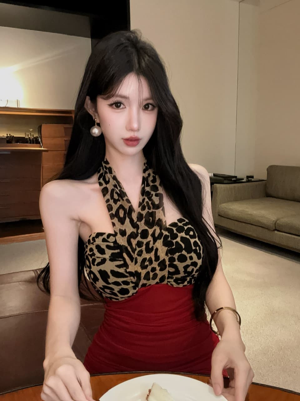 실사 튜브탑 배색 타이트 스커트 미니 스커트 레오파드 무늬 튜브탑 레이스업 주름 허리 수축 신축성 몸매 가꾸기 예복 드레스 상세 이미지 14