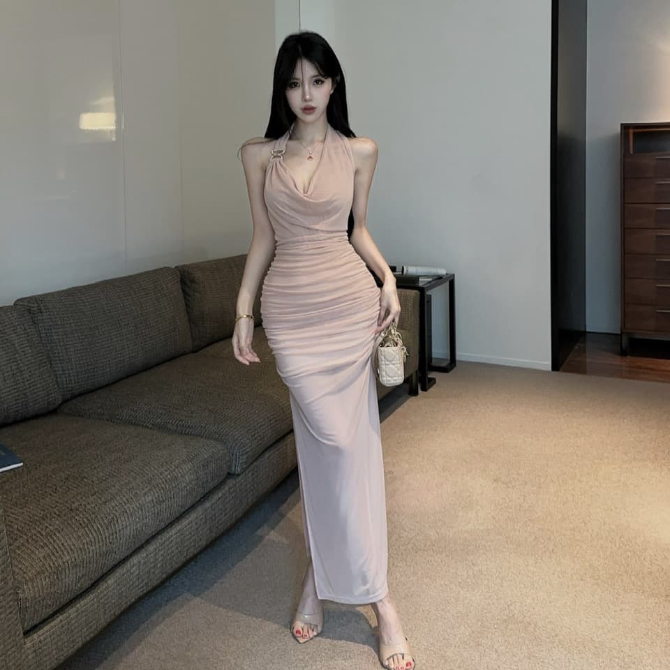 실사 행침 목 흔들다 칼라 타이트 스커트 롱 스커트 금속 버클 주름 허리 수축 신축성 망사 몸매 가꾸기 예복 드레스