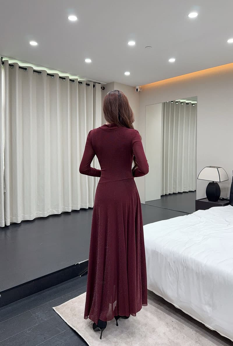 실사 빅 사이즈 흔들다 칼라 말뚝 더미 칼라 긴팔 드레스 망사 마이크로 플래시 허리 수축 큰 진자 도루 센스 롱 코트 예복 치마 상세 이미지 12