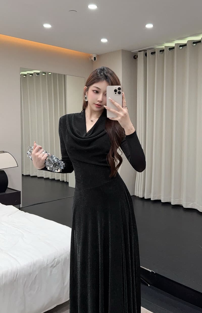 실사 빅 사이즈 흔들다 칼라 말뚝 더미 칼라 긴팔 드레스 망사 마이크로 플래시 허리 수축 큰 진자 도루 센스 롱 코트 예복 치마 상세 이미지 21