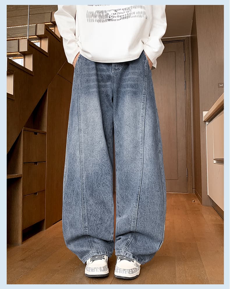 실사 가을 새로운 조수 브랜드 모통이 칼 패치워크 청바지 남자 아메리칸 넓은 다리 스트레이트 루즈핏 워싱 레트로 긴 바지 상세 이미지 12