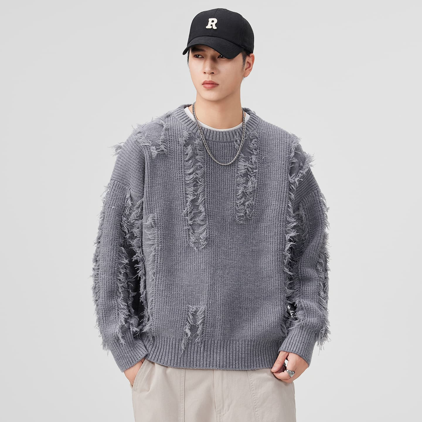 실사 가을 겨울 새로운 조수 브랜드 찢어진 부분 라운드 넥 스웨터 남성 루즈핏 다용도 게으른 바람 두꺼운 니트 스웨터 이미지 2