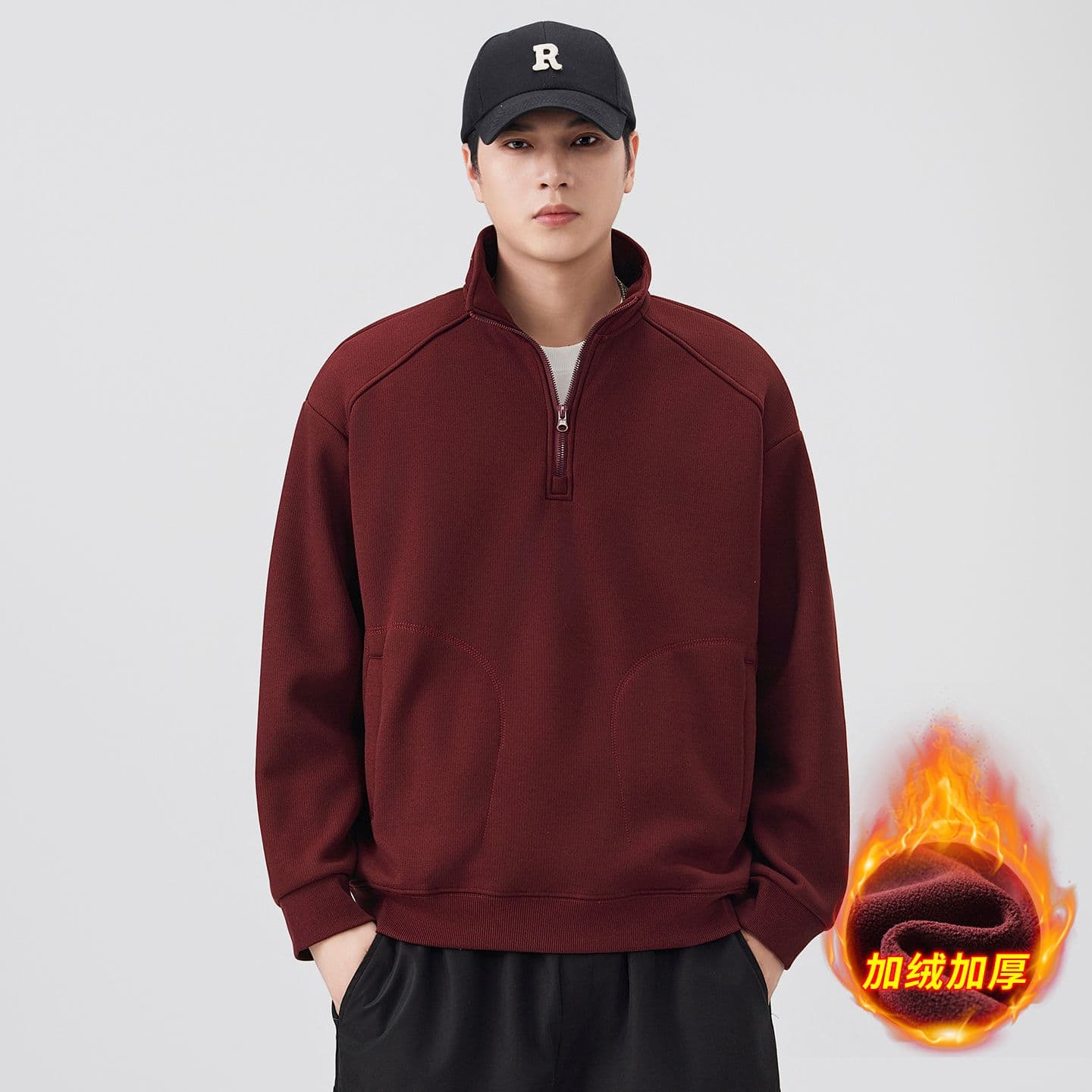 하프 지퍼 후드티 남자 겨울 보온 털이 있고 두꺼운 루즈핏 풀오버 스탠드 칼라 기본 셔츠