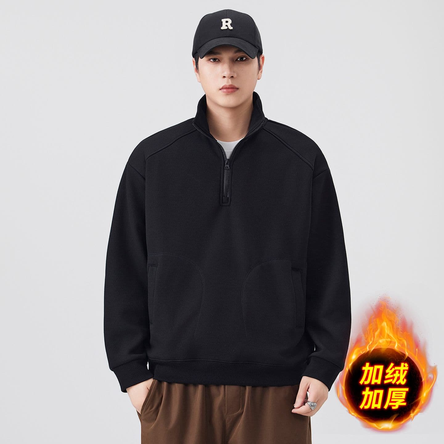하프 지퍼 후드티 남자 겨울 보온 털이 있고 두꺼운 루즈핏 풀오버 스탠드 칼라 기본 셔츠 이미지 2