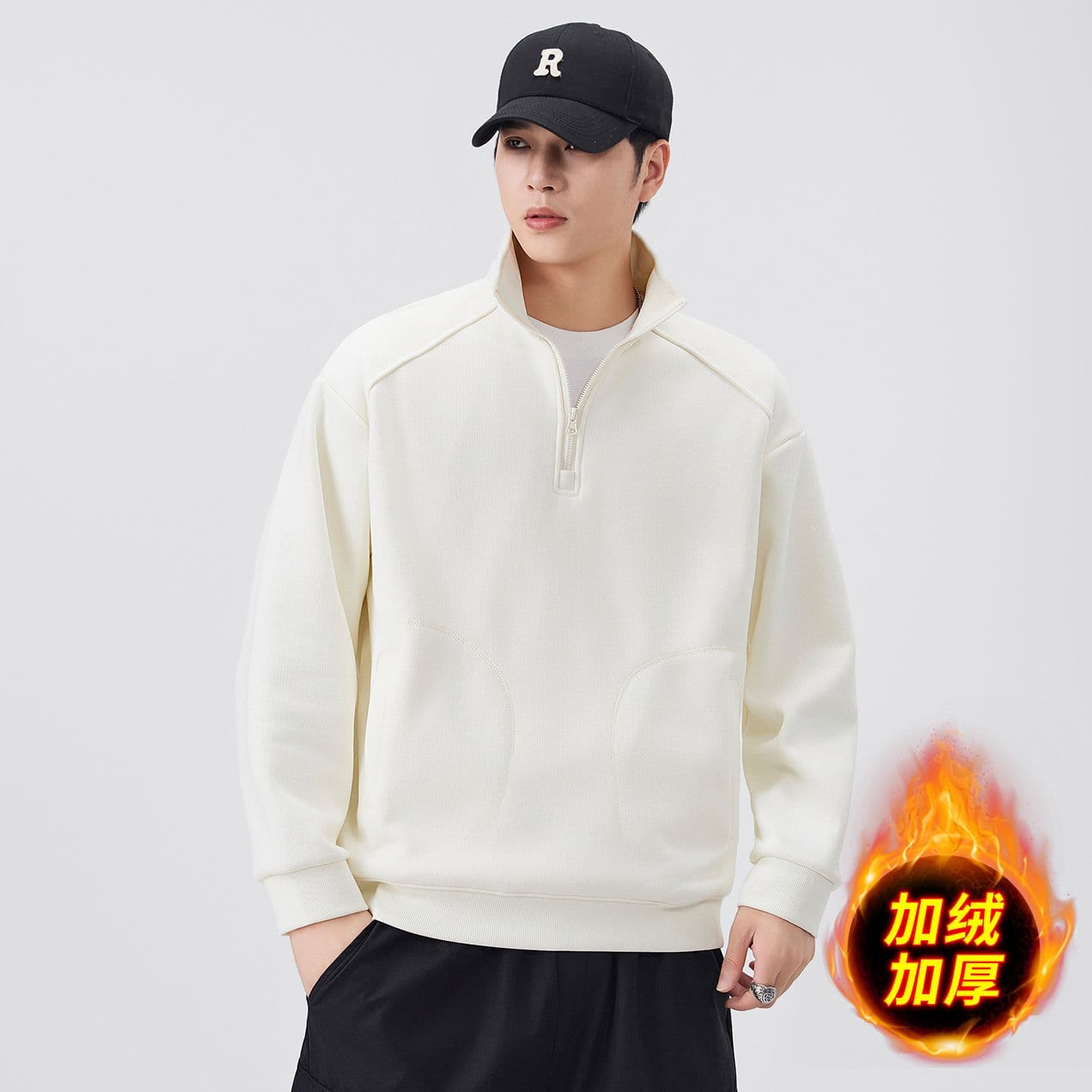 하프 지퍼 후드티 남자 겨울 보온 털이 있고 두꺼운 루즈핏 풀오버 스탠드 칼라 기본 셔츠 이미지 3