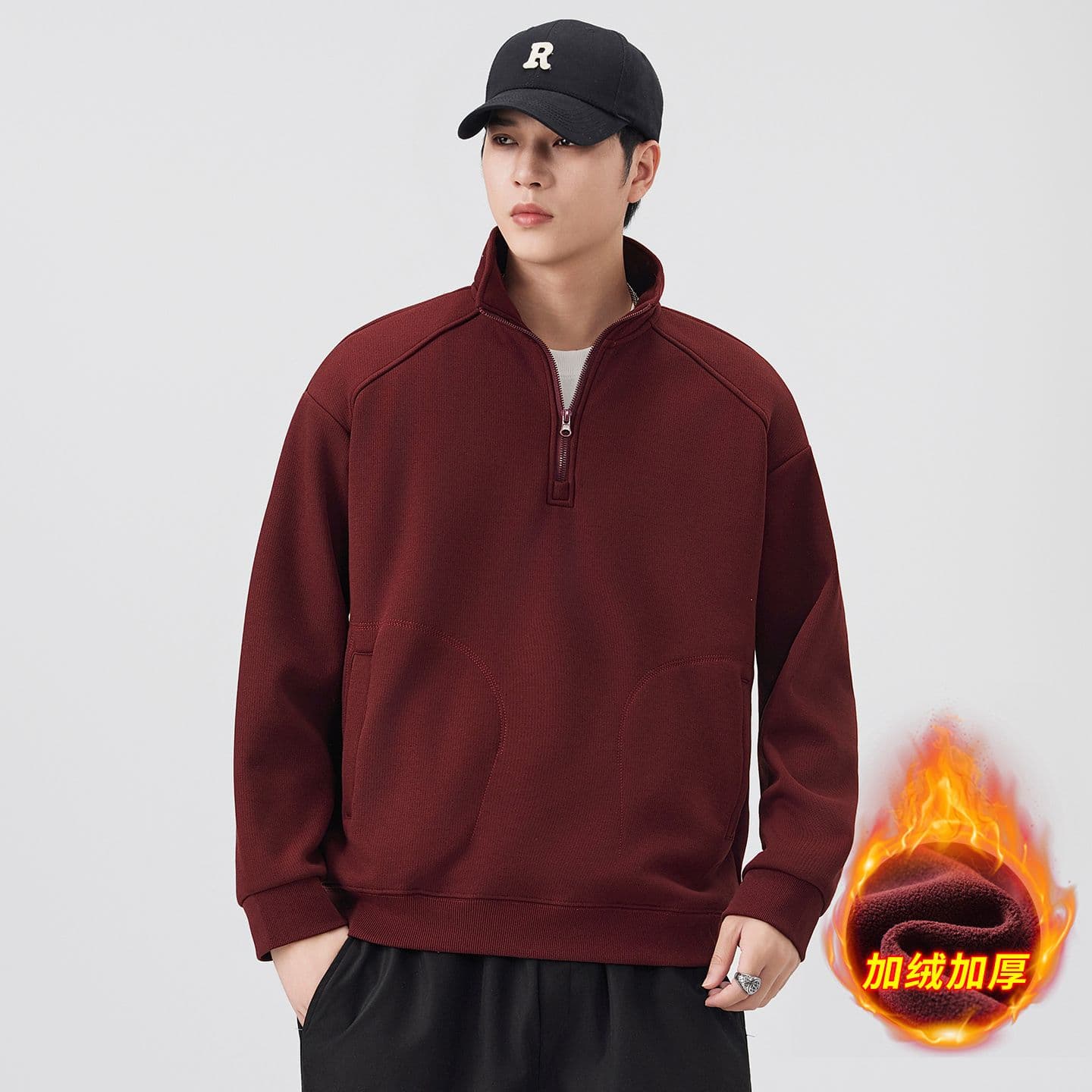 하프 지퍼 후드티 남자 겨울 보온 털이 있고 두꺼운 루즈핏 풀오버 스탠드 칼라 기본 셔츠 이미지 4