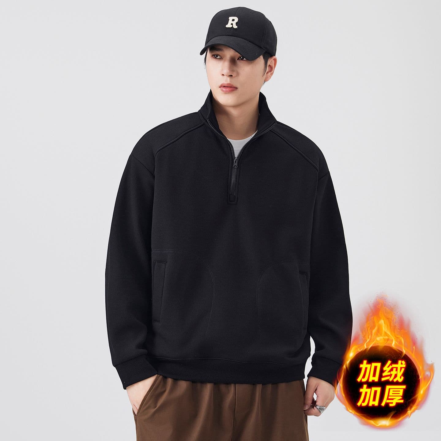 하프 지퍼 후드티 남자 겨울 보온 털이 있고 두꺼운 루즈핏 풀오버 스탠드 칼라 기본 셔츠 이미지 5