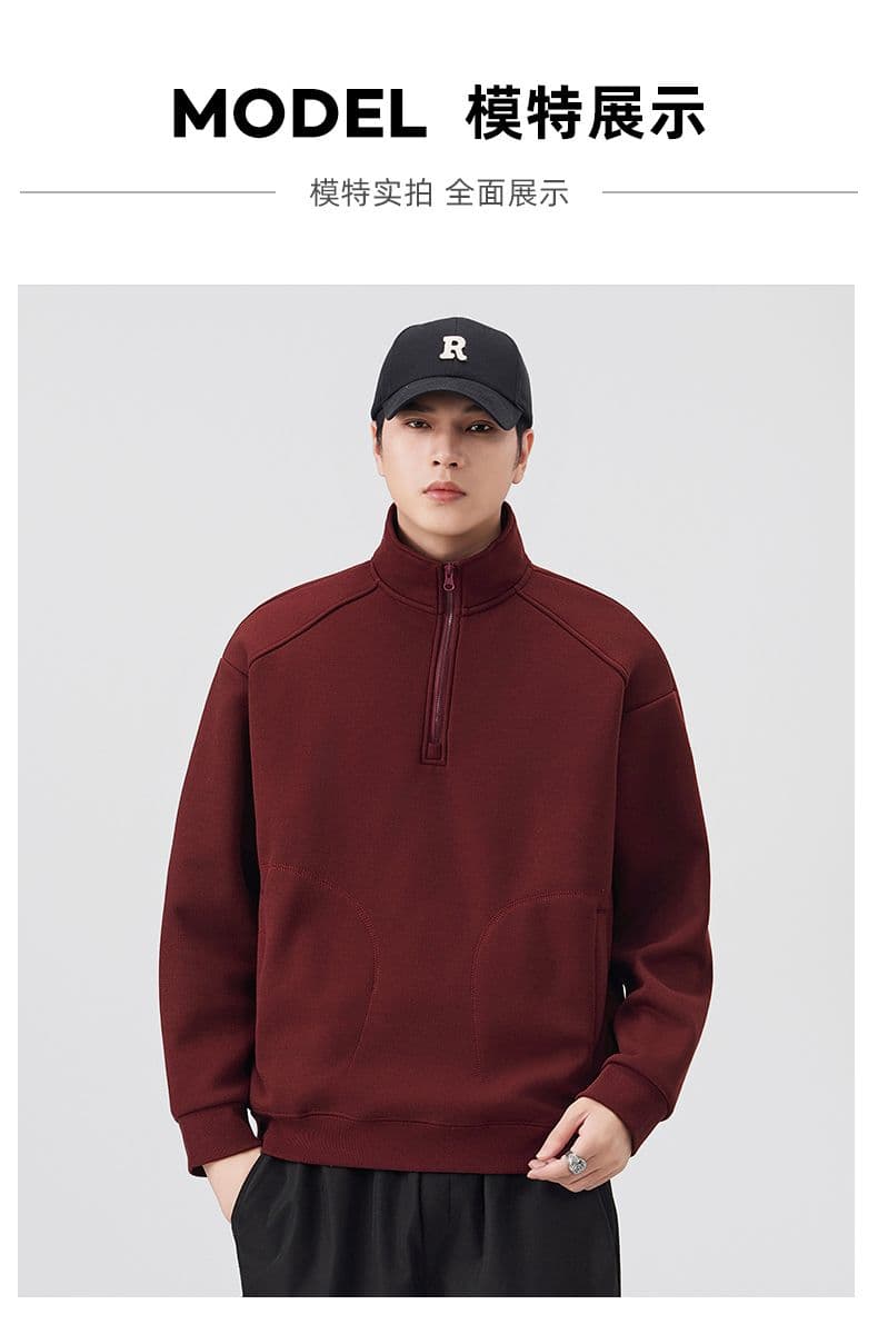하프 지퍼 후드티 남자 겨울 보온 털이 있고 두꺼운 루즈핏 풀오버 스탠드 칼라 기본 셔츠 상세 이미지 11