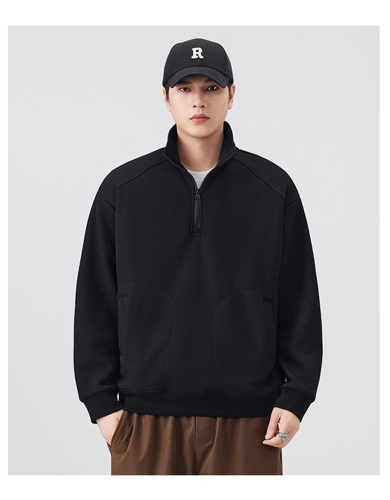 하프 지퍼 후드티 남자 겨울 보온 털이 있고 두꺼운 루즈핏 풀오버 스탠드 칼라 기본 셔츠 상세 이미지 19